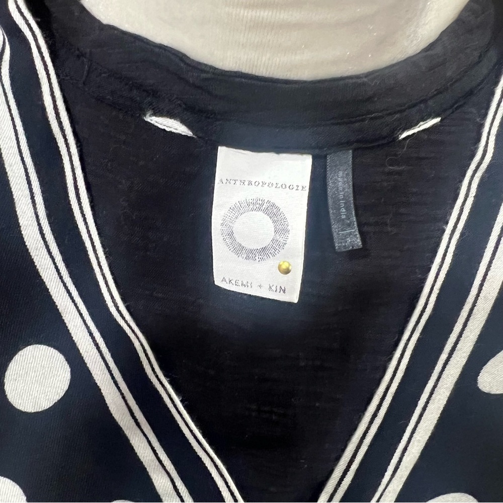 Anthropologie Akemi + Kin Polka Dot Blouse Black Small Women V-Neckline Tie Knot - Picture 7 of 11